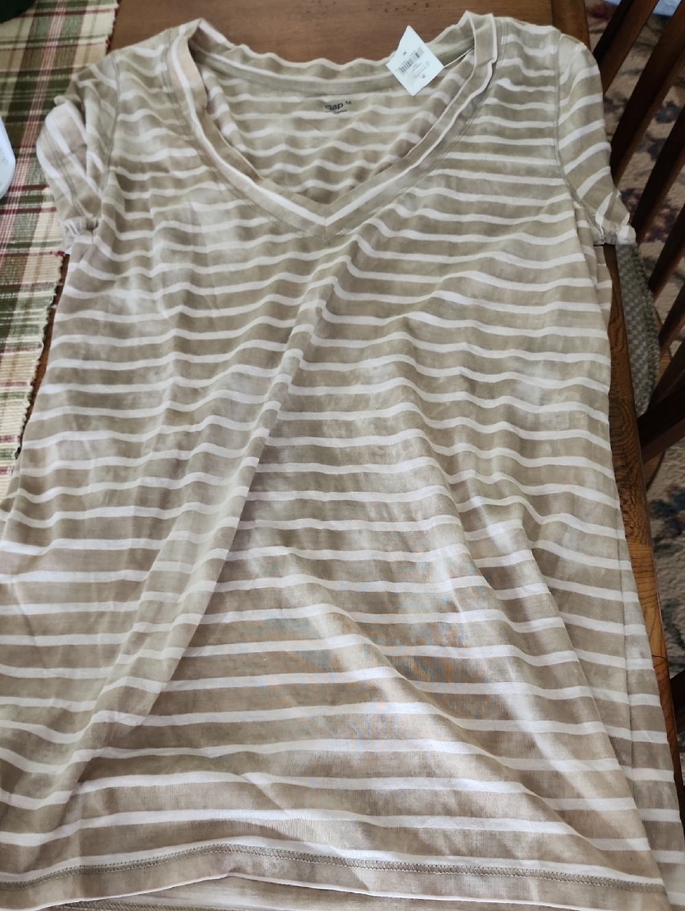 GAP Beige and White Striped V-Neck Tee